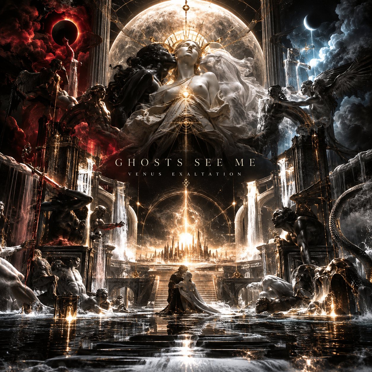 Venus Exaltation cover: a crowned marble Venus held between dark and pale figures, above a golden city and a flooded cathedral