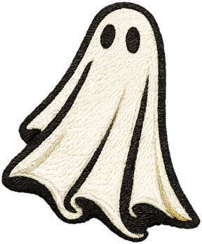 GHOSTS SEE ME ghost emblem, an embroidered cream sheet ghost with a black outline
