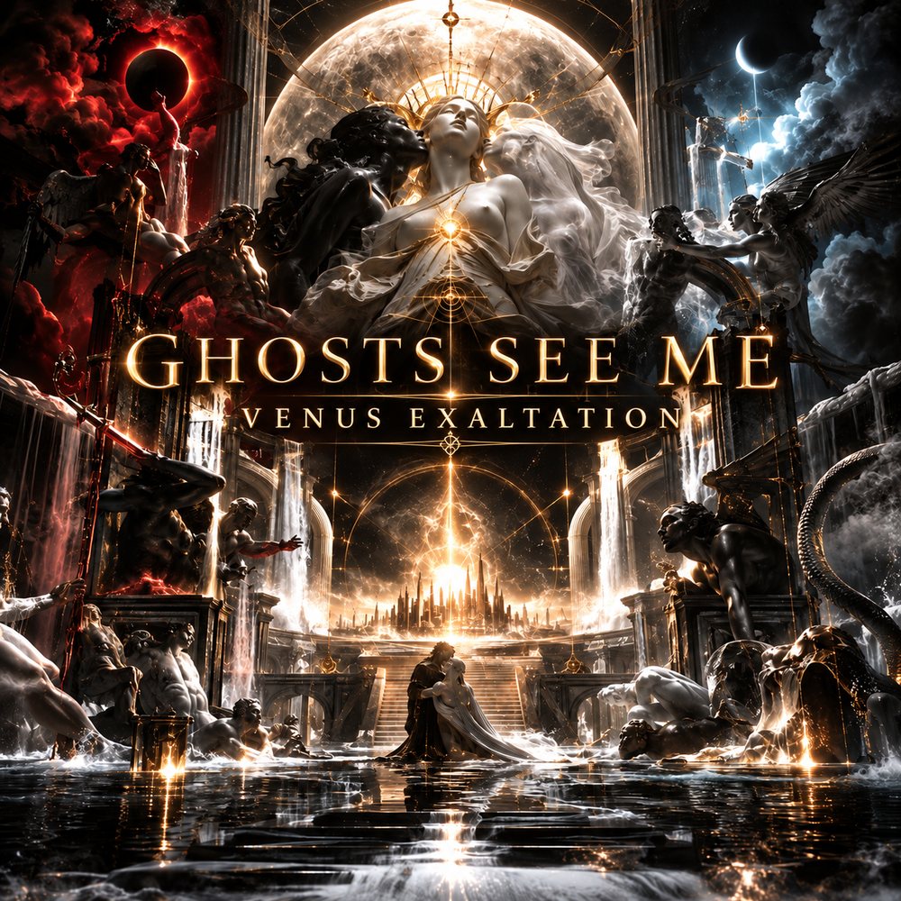 VENUS EXALTATION album cover: a crowned marble Venus held between dark and pale figures above a golden city and flooded cathedral, titled GHOSTS SEE ME, VENUS EXALTATION