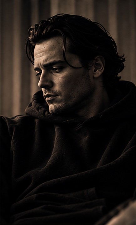 Jack Davidson in a dark hoodie, looking down in contemplative shadow