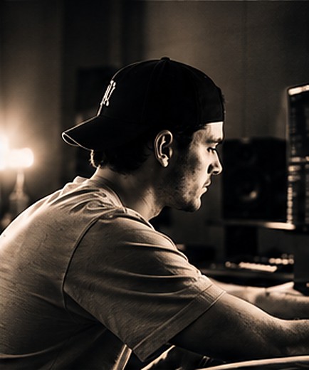 Jack Davidson in a backwards cap working at a studio desk, in warm low light