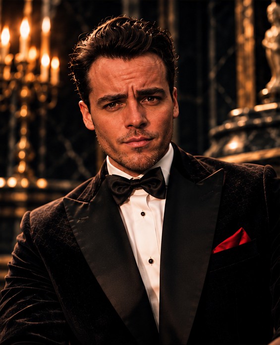 Jack Davidson in a black velvet tuxedo with a red pocket square, lit by candlelight in a dark marble hall