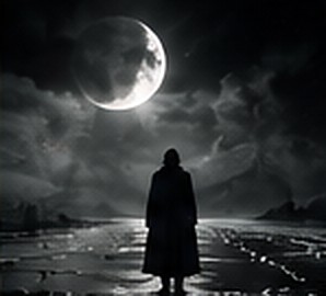A cloaked figure alone on a moonlit shore under a crescent moon