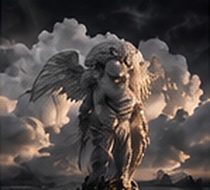 A winged marble sculpture rising from rocks into storm clouds