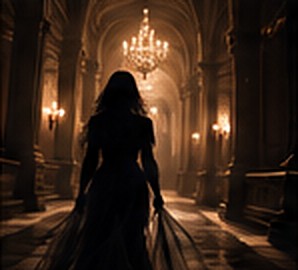 A woman in a flowing gown walking down a candlelit golden cathedral hall