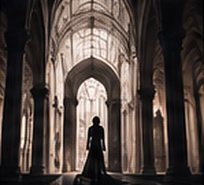 A lone figure standing in a pale Gothic corridor of tall arches