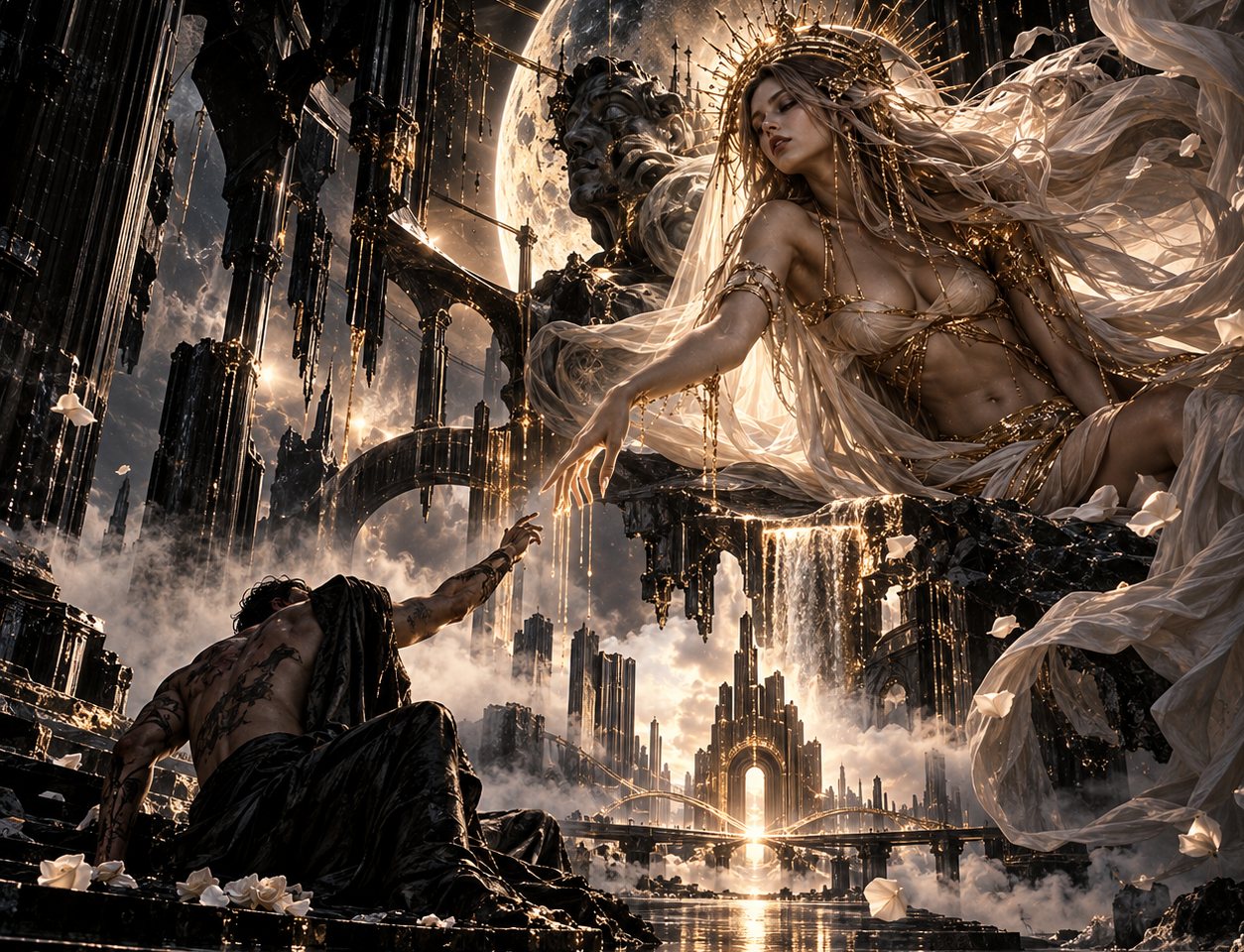 A crowned woman in gold chains and silk reaches down toward a tattooed man on wet black steps, beneath a full moon and a golden cathedral city